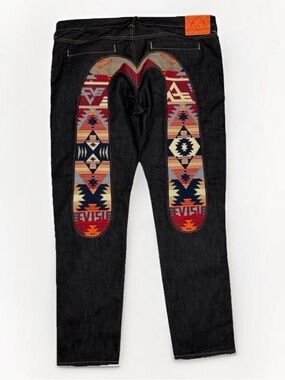 Evisu Black Straight Jeans with Southwestern Panel Accents